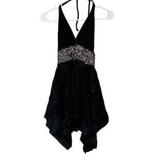 Demore Vtg 90s Y2K Whimsigoth Size L Black Velvet Asym Embellish Babydoll Top
